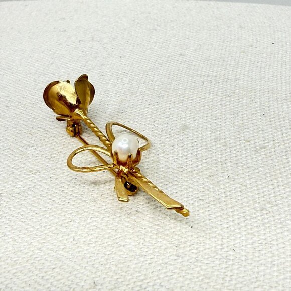 Vintage Rose Flower Brooch Gold-Tone Bow Dainty Minimal Imitation Pearl Retro - Picture 4 of 8